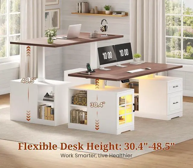 Alt view image 4 of 7 - 63 in Executive Standing Desk, Electric Height Adjustable Desk with Storage Drawers, Glass Cabinet, Shelves, Power Outlet, LED Light, Wood Sit Stand up Computer Desks for Home Office (White)
