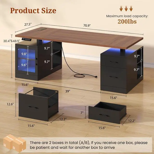 Alt view image 2 of 7 - 71 in Executive Standing Desk, Electric Height Adjustable Desk with Storage Drawers, Glass Cabinet, Shelves, Power Outlet, LED Light, Wood Sit Stand up Computer Desks for Home Office (Black)