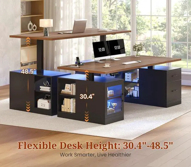 Alt view image 3 of 7 - 71 in Executive Standing Desk, Electric Height Adjustable Desk with Storage Drawers, Glass Cabinet, Shelves, Power Outlet, LED Light, Wood Sit Stand up Computer Desks for Home Office (Black)