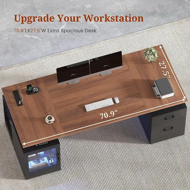 Alt view image 4 of 7 - 71 in Executive Standing Desk, Electric Height Adjustable Desk with Storage Drawers, Glass Cabinet, Shelves, Power Outlet, LED Light, Wood Sit Stand up Computer Desks for Home Office (Black)