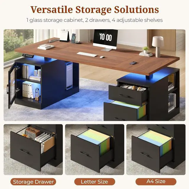 Alt view image 5 of 7 - 71 in Executive Standing Desk, Electric Height Adjustable Desk with Storage Drawers, Glass Cabinet, Shelves, Power Outlet, LED Light, Wood Sit Stand up Computer Desks for Home Office (Black)