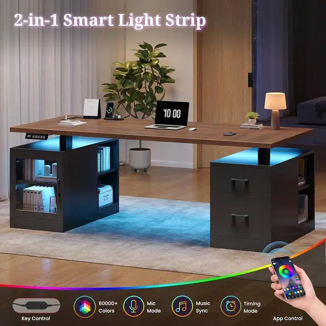 Alt view image 7 of 7 - 71 in Executive Standing Desk, Electric Height Adjustable Desk with Storage Drawers, Glass Cabinet, Shelves, Power Outlet, LED Light, Wood Sit Stand up Computer Desks for Home Office (Black)