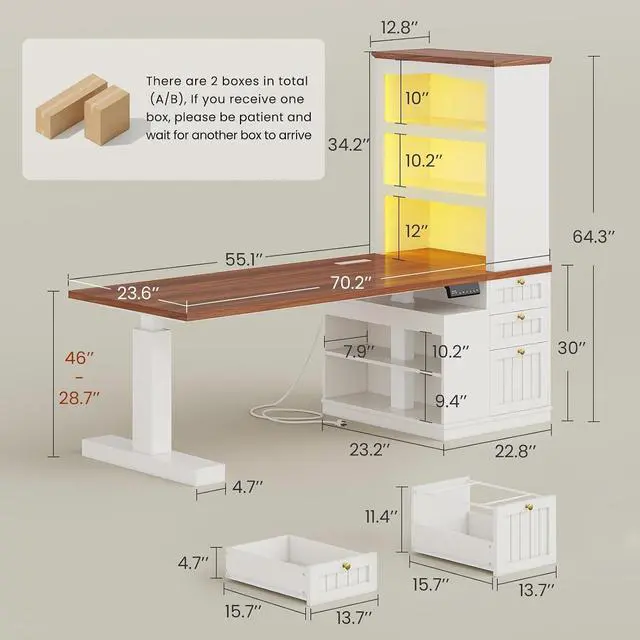Alt view image 2 of 7 - Farmhouse Standing Desk Adjustable Height with 3-Tier Bookcase, 55" Executive Electric Office Desk, Sit Stand Computer Desk with Storage Shelves, File Drawers, Power Outlets, Led Light, White+Walnut