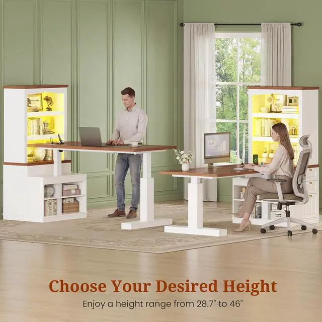 Alt view image 5 of 7 - Farmhouse Standing Desk Adjustable Height with 3-Tier Bookcase, 55" Executive Electric Office Desk, Sit Stand Computer Desk with Storage Shelves, File Drawers, Power Outlets, Led Light, White+Walnut