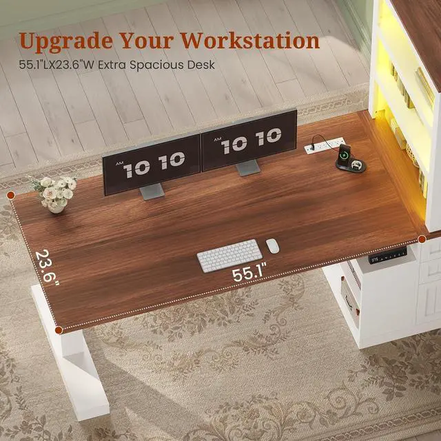 Alt view image 7 of 7 - Farmhouse Standing Desk Adjustable Height with 3-Tier Bookcase, 55" Executive Electric Office Desk, Sit Stand Computer Desk with Storage Shelves, File Drawers, Power Outlets, Led Light, White+Walnut