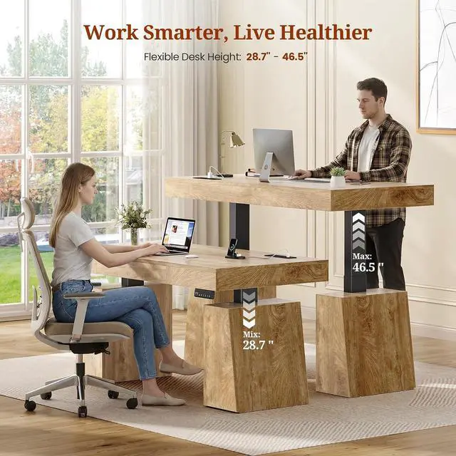 Alt view image 3 of 7 - 55 in Executive Standing Desk, Modern Electric Height Adjustable Desk with Storage Cabinet, Shelves, Power Outlet, Wood Sit Stand up Computer Desks for Home Office, Natural Oak