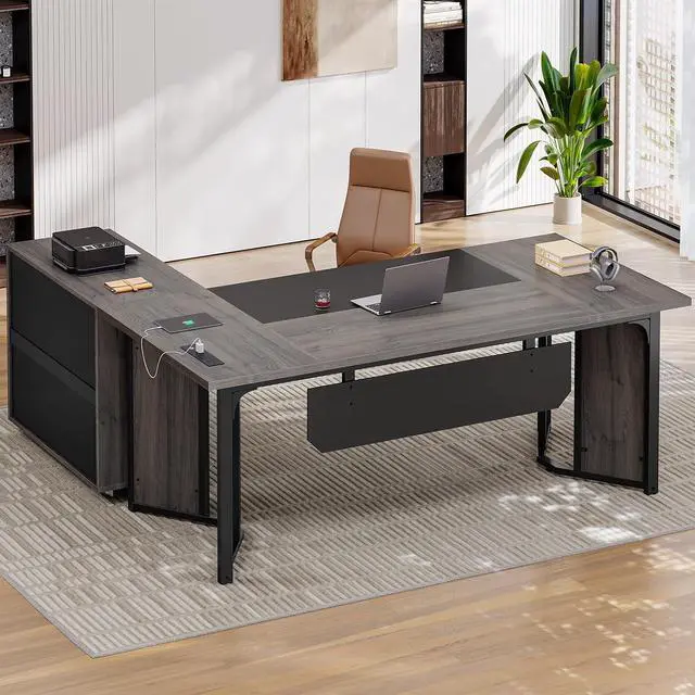 Main image of 63" Executive Desk with Mobile File Cabinet, Large Office Desk with Drawer, Modern L Shaped Desk with Power Outlets, Storage Shelves, Corner Computer Desk Business Workstation Set (Grey)