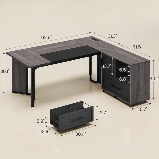 Alt view image 2 of 7 - 63" Executive Desk with Mobile File Cabinet, Large Office Desk with Drawer, Modern L Shaped Desk with Power Outlets, Storage Shelves, Corner Computer Desk Business Workstation Set (Grey)