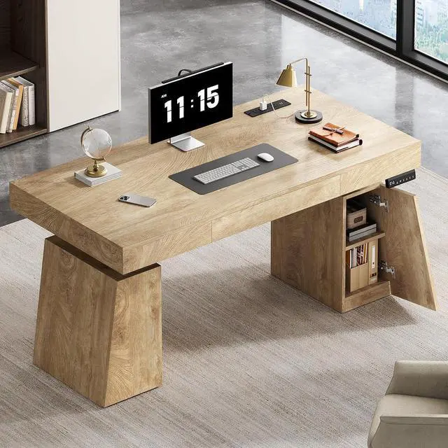 Alt view image 6 of 7 - 55 in Executive Standing Desk, Modern Electric Height Adjustable Desk with Storage Cabinet, Shelves, Power Outlet, Wood Sit Stand up Computer Desks for Home Office, Natural Oak