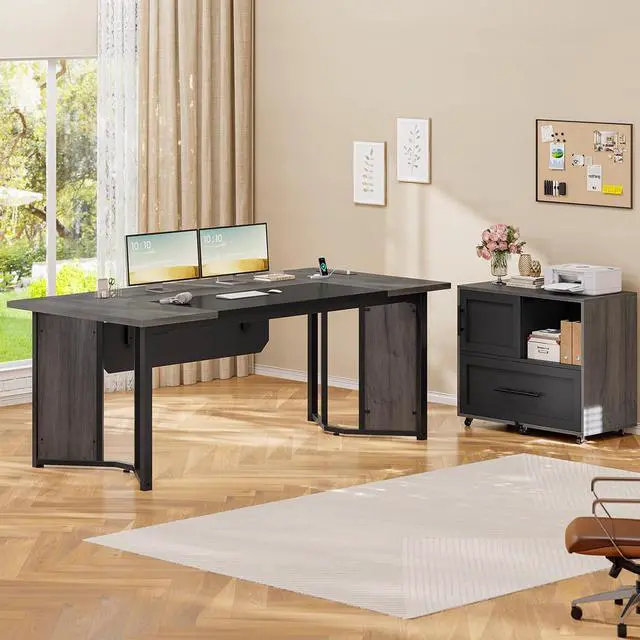 Alt view image 5 of 7 - 63" Executive Desk with Mobile File Cabinet, Large Office Desk with Drawer, Modern L Shaped Desk with Power Outlets, Storage Shelves, Corner Computer Desk Business Workstation Set (Grey)