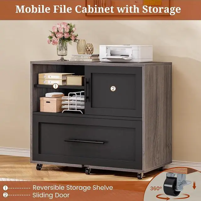 Alt view image 6 of 7 - 63" Executive Desk with Mobile File Cabinet, Large Office Desk with Drawer, Modern L Shaped Desk with Power Outlets, Storage Shelves, Corner Computer Desk Business Workstation Set (Grey)