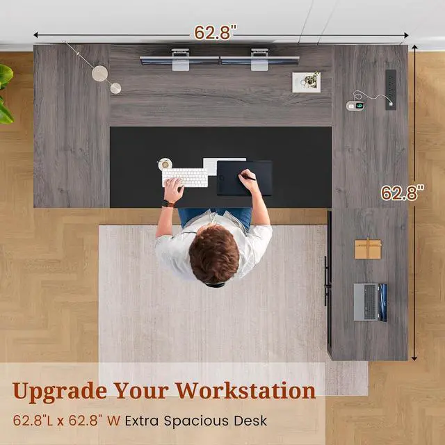 Alt view image 7 of 7 - 63" Executive Desk with Mobile File Cabinet, Large Office Desk with Drawer, Modern L Shaped Desk with Power Outlets, Storage Shelves, Corner Computer Desk Business Workstation Set (Grey)