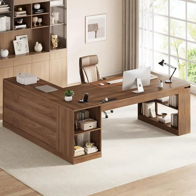 Main image of 71" Executive Desk, Large Office Desk with Drawers & Power Outlets, L Shaped Computer Desk with Storage Shelves & Lateral File Cabinet, Modern Corner Desk, Business Furniture, Walnut
