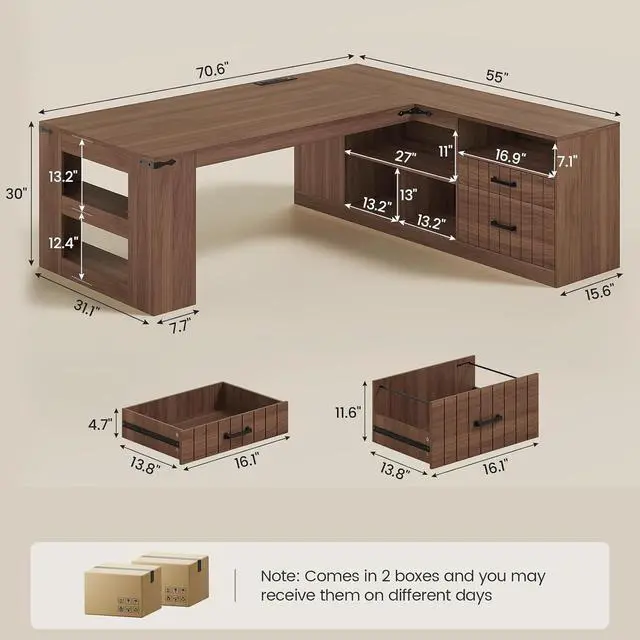 Alt view image 2 of 7 - 71" Executive Desk, Large Office Desk with Drawers & Power Outlets, L Shaped Computer Desk with Storage Shelves & Lateral File Cabinet, Modern Corner Desk, Business Furniture, Walnut