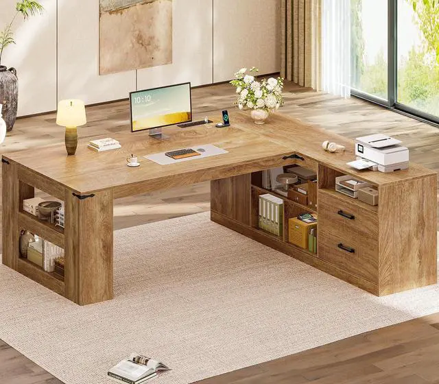 Main image of 71" Executive Desk, Large Office Desk with Drawers & Power Outlets, L Shaped Computer Desk with Storage Shelves & Lateral File Cabinet, Modern Corner Desk, Business Furniture Workstation Oak
