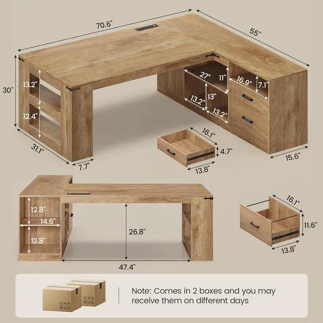 Alt view image 2 of 7 - 71" Executive Desk, Large Office Desk with Drawers & Power Outlets, L Shaped Computer Desk with Storage Shelves & Lateral File Cabinet, Modern Corner Desk, Business Furniture Workstation Oak