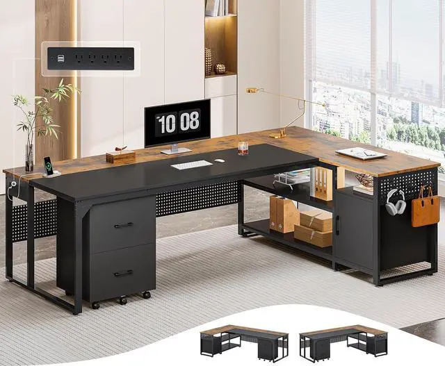 Main image of 71" Executive Desk, Reversible L Shaped Desk with Mobile File Cabinet & Power Outlets, Large Office Desk with Drawers, Storage Shelves, Hooks, Corner Computer Desk for Home Office