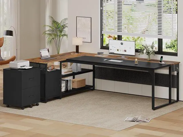 Alt view image 2 of 7 - 71" Executive Desk, Reversible L Shaped Desk with Mobile File Cabinet & Power Outlets, Large Office Desk with Drawers, Storage Shelves, Hooks, Corner Computer Desk for Home Office