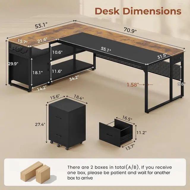Alt view image 3 of 7 - 71" Executive Desk, Reversible L Shaped Desk with Mobile File Cabinet & Power Outlets, Large Office Desk with Drawers, Storage Shelves, Hooks, Corner Computer Desk for Home Office