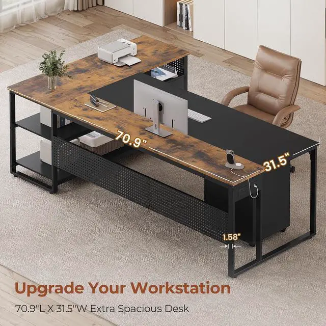 Alt view image 4 of 7 - 71" Executive Desk, Reversible L Shaped Desk with Mobile File Cabinet & Power Outlets, Large Office Desk with Drawers, Storage Shelves, Hooks, Corner Computer Desk for Home Office