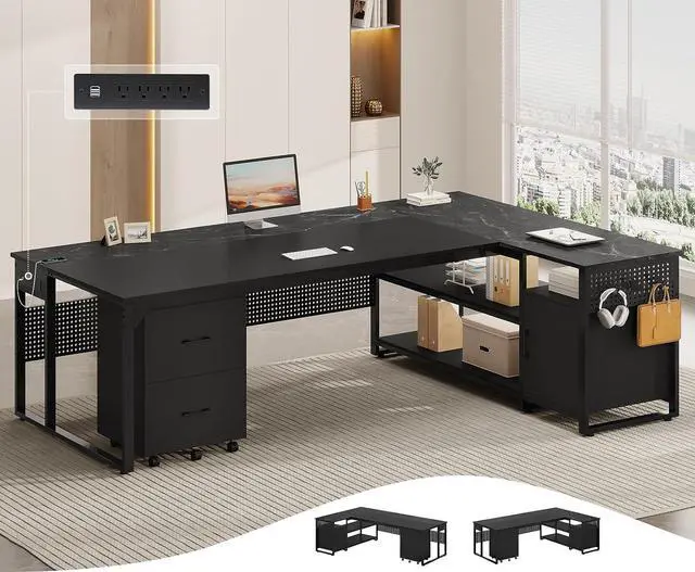 Main image of 71" Executive Desk, Reversible L Shaped Desk with Mobile File Cabinet & Power Outlets, Large Office Desk with Drawers, Storage Shelves, Hooks, Corner Computer Desk for Home Office (Black)