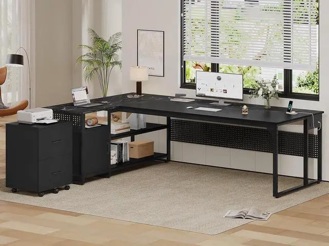 Alt view image 2 of 7 - 71" Executive Desk, Reversible L Shaped Desk with Mobile File Cabinet & Power Outlets, Large Office Desk with Drawers, Storage Shelves, Hooks, Corner Computer Desk for Home Office (Black)