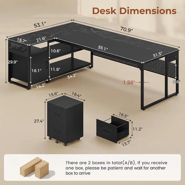 Alt view image 3 of 7 - 71" Executive Desk, Reversible L Shaped Desk with Mobile File Cabinet & Power Outlets, Large Office Desk with Drawers, Storage Shelves, Hooks, Corner Computer Desk for Home Office (Black)
