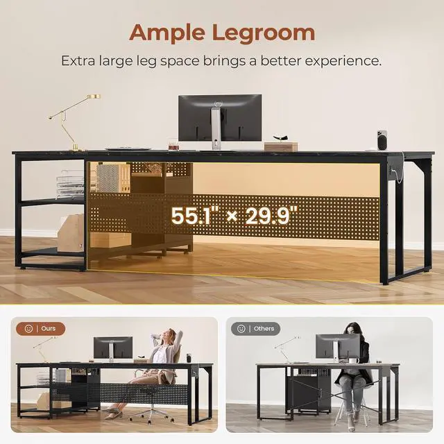 Alt view image 5 of 7 - 71" Executive Desk, Reversible L Shaped Desk with Mobile File Cabinet & Power Outlets, Large Office Desk with Drawers, Storage Shelves, Hooks, Corner Computer Desk for Home Office (Black)