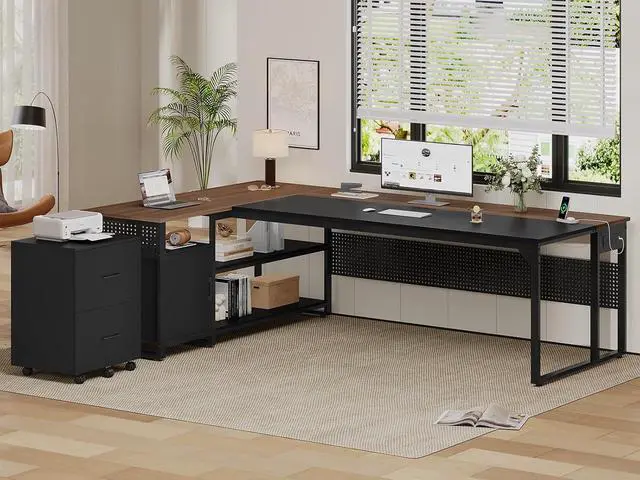 Alt view image 2 of 7 - 71" Executive Desk, Reversible L Shaped Desk with Mobile File Cabinet & Power Outlets, Large Office Desk with Drawers, Storage Shelves, Hooks, Corner Computer Desk for Home Office (Walnut)