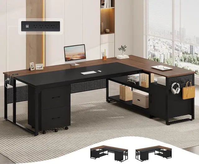 Main image of 71" Executive Desk, Reversible L Shaped Desk with Mobile File Cabinet & Power Outlets, Large Office Desk with Drawers, Storage Shelves, Hooks, Corner Computer Desk for Home Office (Walnut)