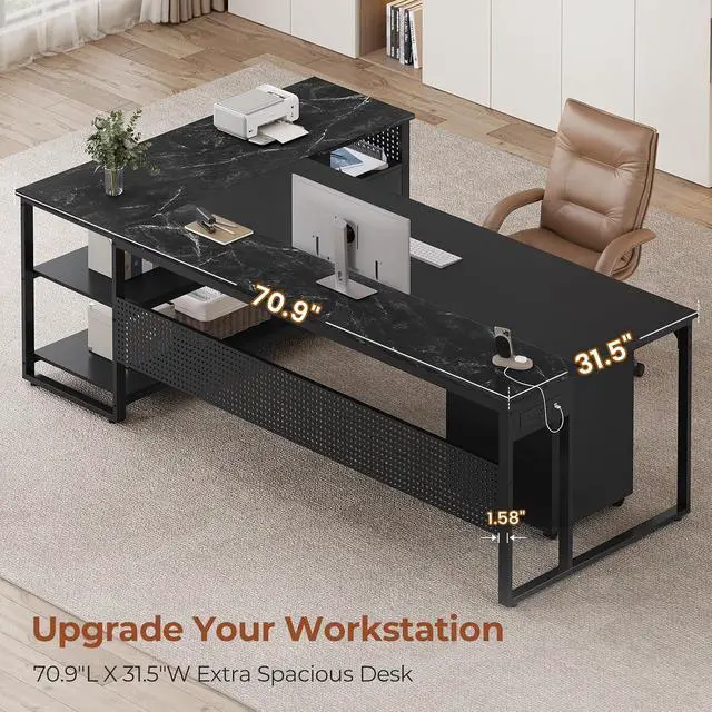 Alt view image 7 of 7 - 71" Executive Desk, Reversible L Shaped Desk with Mobile File Cabinet & Power Outlets, Large Office Desk with Drawers, Storage Shelves, Hooks, Corner Computer Desk for Home Office (Black)