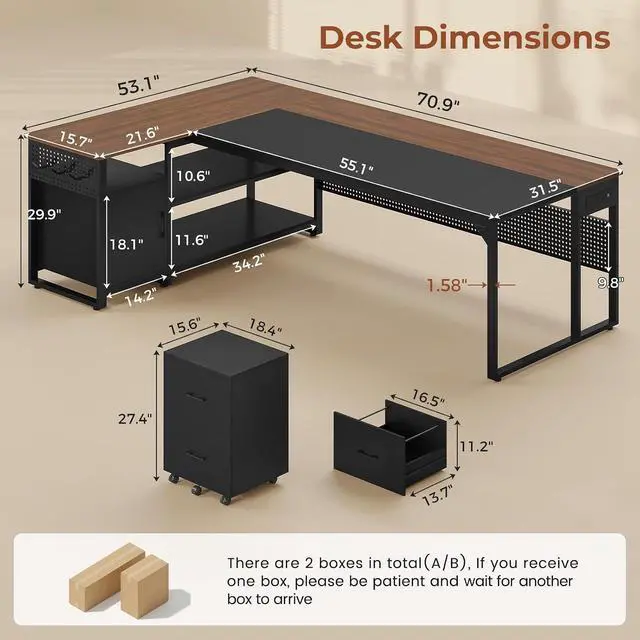 Alt view image 3 of 7 - 71" Executive Desk, Reversible L Shaped Desk with Mobile File Cabinet & Power Outlets, Large Office Desk with Drawers, Storage Shelves, Hooks, Corner Computer Desk for Home Office (Walnut)