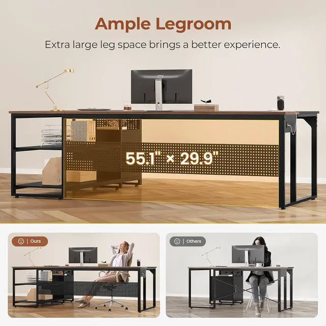 Alt view image 6 of 7 - 71" Executive Desk, Reversible L Shaped Desk with Mobile File Cabinet & Power Outlets, Large Office Desk with Drawers, Storage Shelves, Hooks, Corner Computer Desk for Home Office (Walnut)
