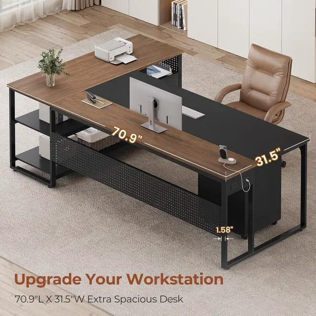 Alt view image 5 of 7 - 71" Executive Desk, Reversible L Shaped Desk with Mobile File Cabinet & Power Outlets, Large Office Desk with Drawers, Storage Shelves, Hooks, Corner Computer Desk for Home Office (Walnut)