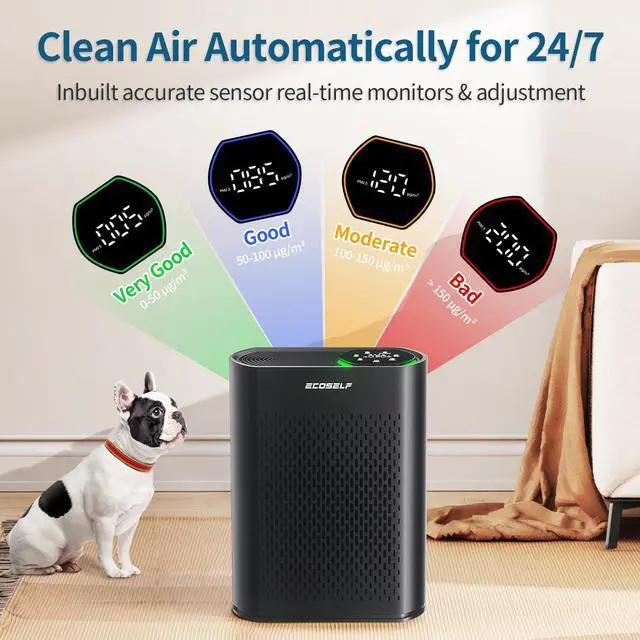 Alt view image 2 of 7 - Air Purifier for Large Room, Cleans 2,400 ft² in 30 Mins, 3-Stage True HEPA, 360° Airflow, Large Touch Display Control, Real-Time Air Quality (PM2.5) Display, Ultra-Quiet 20dB Sleep Mode, HAP602 Black