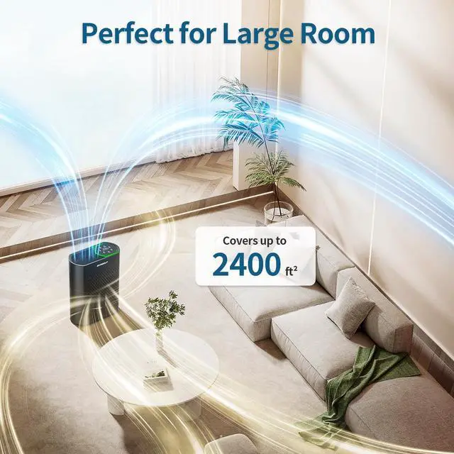 Alt view image 6 of 7 - Air Purifier for Large Room, Cleans 2,400 ft² in 30 Mins, 3-Stage True HEPA, 360° Airflow, Large Touch Display Control, Real-Time Air Quality (PM2.5) Display, Ultra-Quiet 20dB Sleep Mode, HAP602 Black