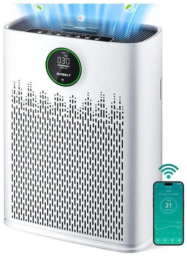 Main image of ECOSELF Smart Air Purifier for Home Large Rooms, with WiFi Control, Covers Up to 2400 Ft², Smart Mode, AQI Display, 22dB Sleep Mode & Aromatherapy, HAP603WF, White