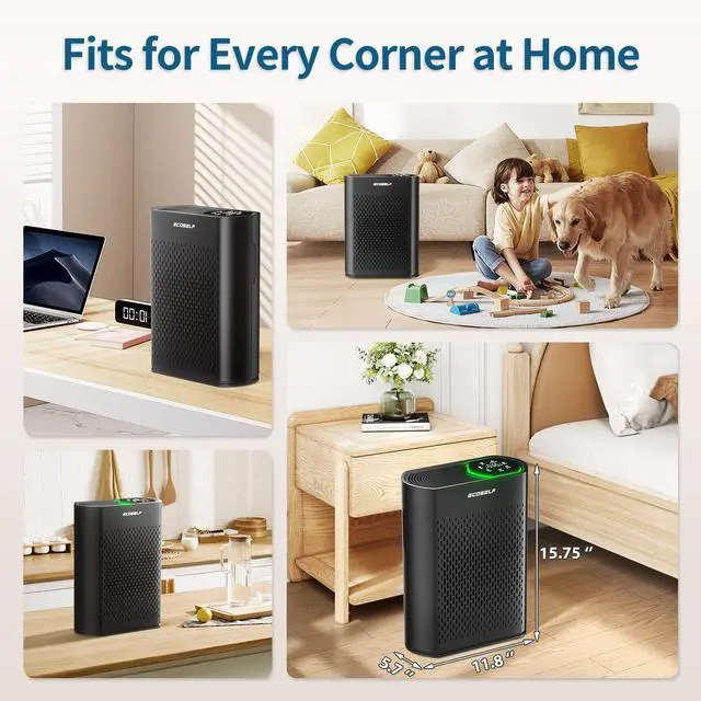 Alt view image 4 of 5 - ECOSELF Air Purifier for Large Rooms Up to 2,400 Sq Ft, Air Intake, HEPA Filter with Smart Auto, Black