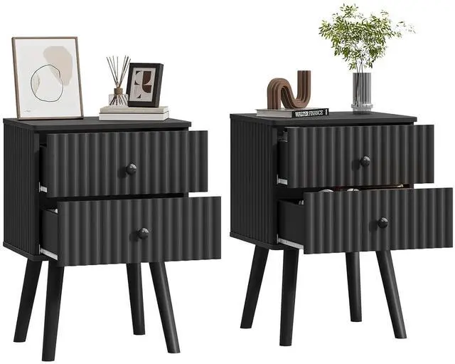 Main image of Wooden Nightstand with 2 Drawers, Fluted Night Stand Set of 2, Morden Side Table for Bedroom, Living Room and Small Space, Black