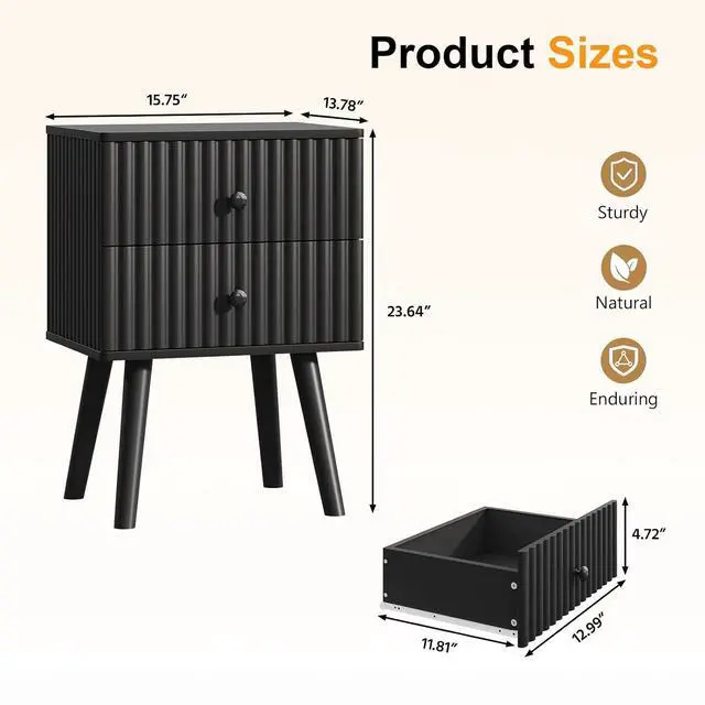 Alt view image 3 of 7 - Wooden Nightstand with 2 Drawers, Fluted Night Stand Set of 2, Morden Side Table for Bedroom, Living Room and Small Space, Black