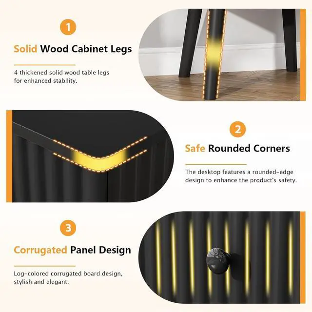 Alt view image 4 of 7 - Wooden Nightstand with 2 Drawers, Fluted Night Stand Set of 2, Morden Side Table for Bedroom, Living Room and Small Space, Black