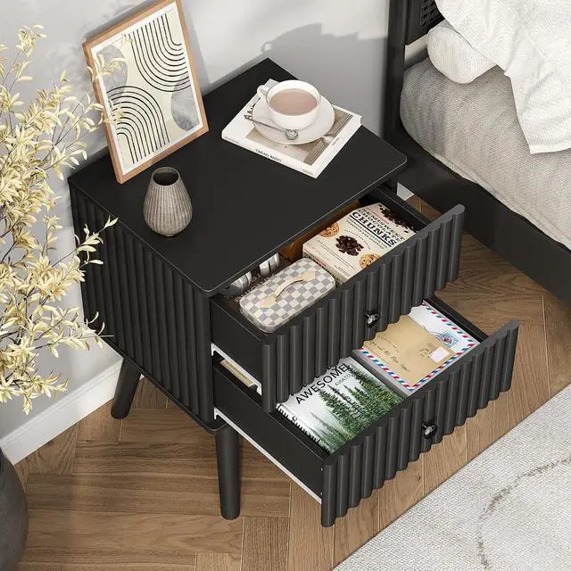 Alt view image 2 of 7 - Wooden Nightstand with 2 Drawers, Fluted Night Stand Set of 2, Morden Side Table for Bedroom, Living Room and Small Space, Black