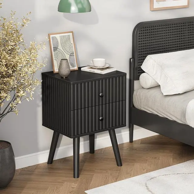 Alt view image 6 of 7 - Wooden Nightstand with 2 Drawers, Fluted Night Stand Set of 2, Morden Side Table for Bedroom, Living Room and Small Space, Black