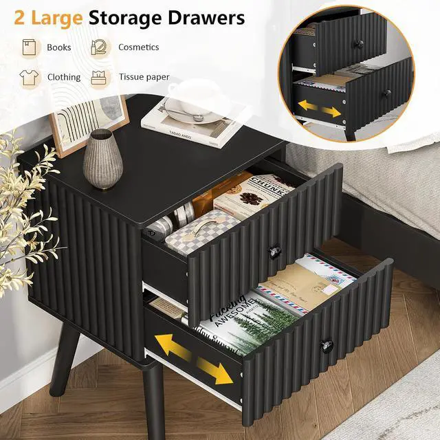 Alt view image 5 of 7 - Wooden Nightstand with 2 Drawers, Fluted Night Stand Set of 2, Morden Side Table for Bedroom, Living Room and Small Space, Black