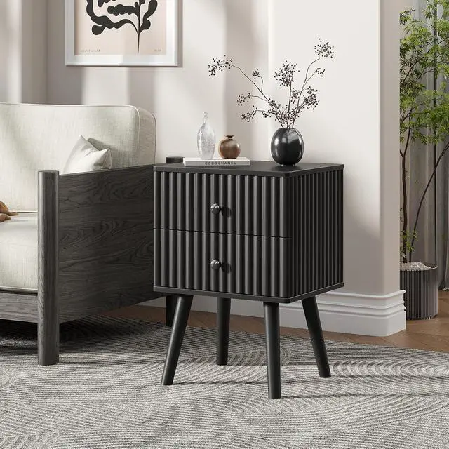 Alt view image 7 of 7 - Wooden Nightstand with 2 Drawers, Fluted Night Stand Set of 2, Morden Side Table for Bedroom, Living Room and Small Space, Black