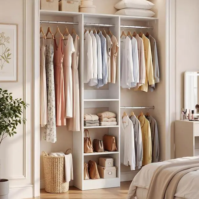 Alt view image 2 of 7 - 4FT Small Closet System, 80"H Closet Organizer System with 4 Closets Rods & 3 Shelves, 48" Closets Organizers and Storage for Small Bedrooms, Laundry Rooms, Cloakrooms, White