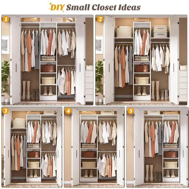 Alt view image 7 of 7 - 4FT Small Closet System, 80"H Closet Organizer System with 4 Closets Rods & 3 Shelves, 48" Closets Organizers and Storage for Small Bedrooms, Laundry Rooms, Cloakrooms, White