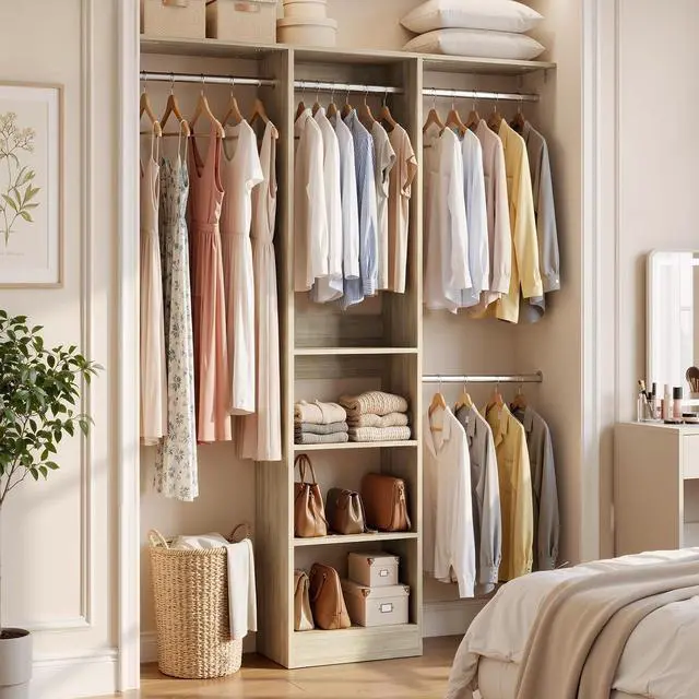 Alt view image 2 of 7 - 4FT Small Closet System, 80"H Closet Organizer System with 4 Closets Rods & 3 Shelves, 48" Closets Organizers and Storage for Small Bedrooms, Laundry Rooms, Cloakrooms, White Oak