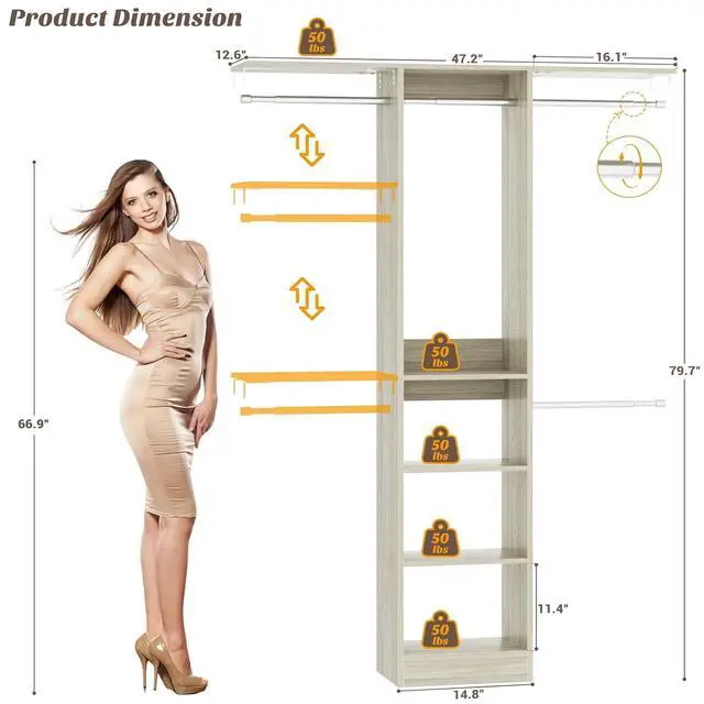 Alt view image 3 of 7 - 4FT Small Closet System, 80"H Closet Organizer System with 4 Closets Rods & 3 Shelves, 48" Closets Organizers and Storage for Small Bedrooms, Laundry Rooms, Cloakrooms, White Oak