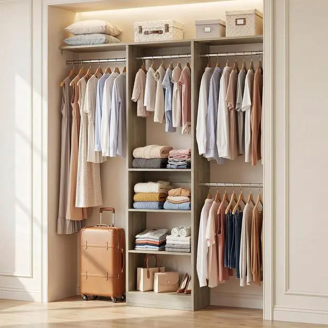Main image of 4FT Small Closet System, 80"H Closet Organizer System with 4 Closets Rods & 3 Shelves, 48" Closets Organizers and Storage for Small Bedrooms, Laundry Rooms, Cloakrooms, White Oak